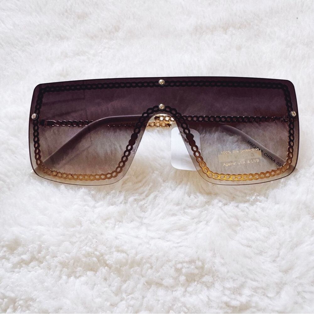 Christine Black Two Tone White Chain Oversized Shield Sunglasses